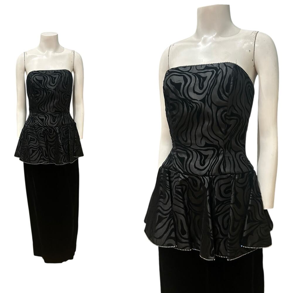 Vintage 1980s A.J. Bari Black Velvet Strapless Peplum Gown | size 8 -
